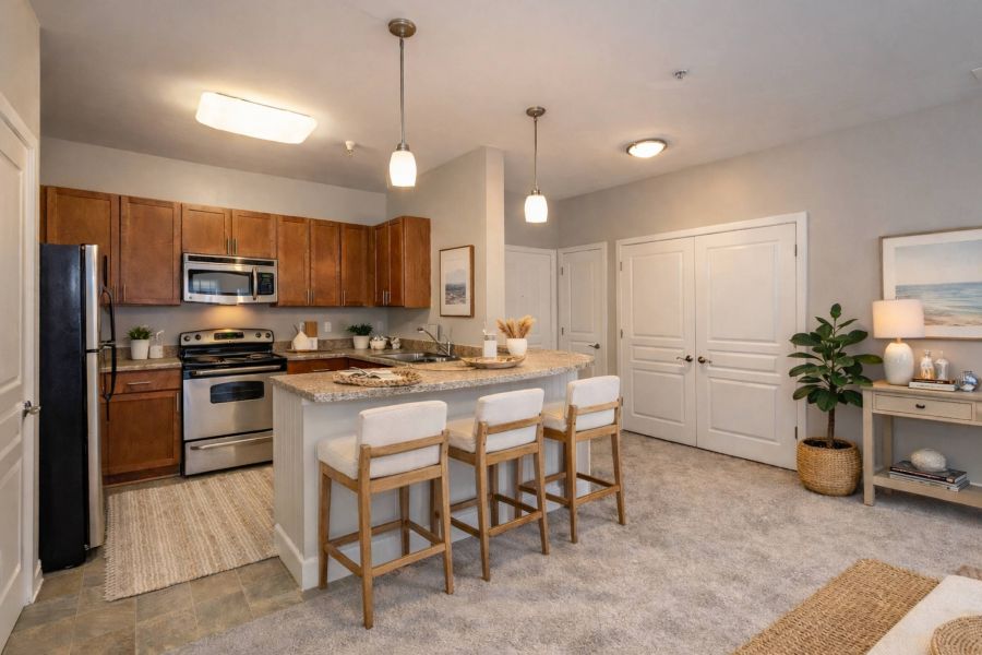 Modern kitchen with stainless steel appliances, island with three chairs, and neutral decor.