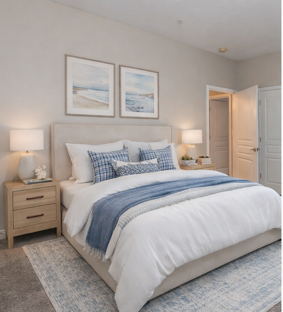 A bed with a blue blanket and pillows.