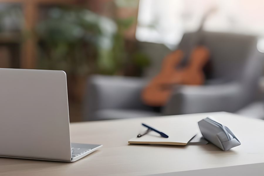 A laptop, notebook, and pen on a desk with a blurred guitar and armchair in the background.