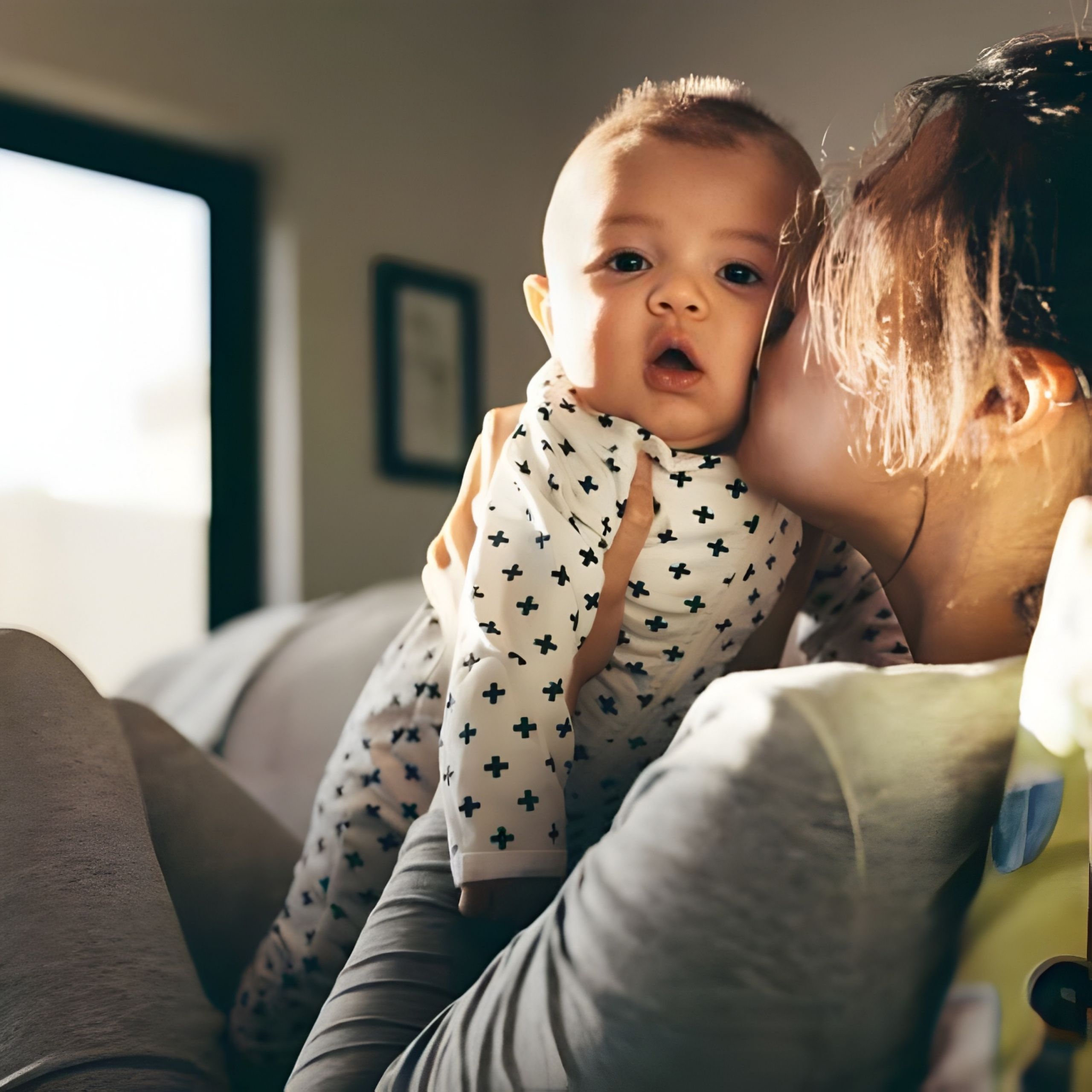 Woman holding and kissing a baby dressed in a white onesie with black crosses, sitting on a couch.