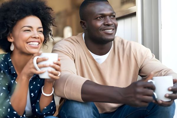 Smiling couple sitting together, holding mugs, and enjoying drinks in a cozy indoor setting.